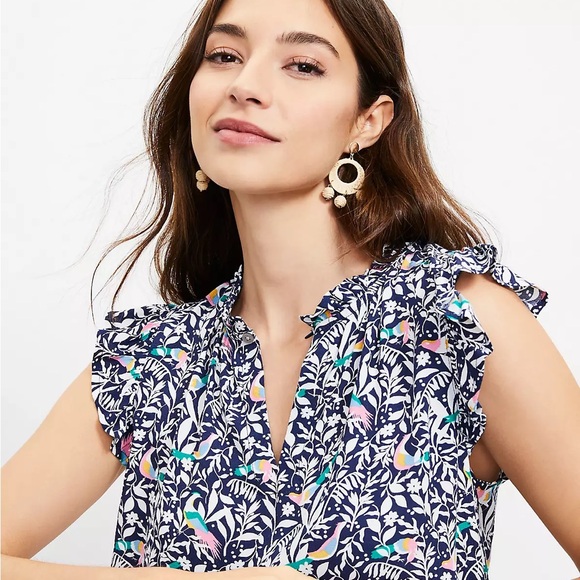 LOFT Bird Ruffle Split Neck Shell - Picture 8 of 9